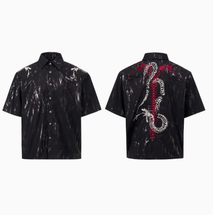 Spine Snake-shaped Shoulder Pad White Shirt Men's Beaded Gold-plated Short Sleeve Black GlamzKart