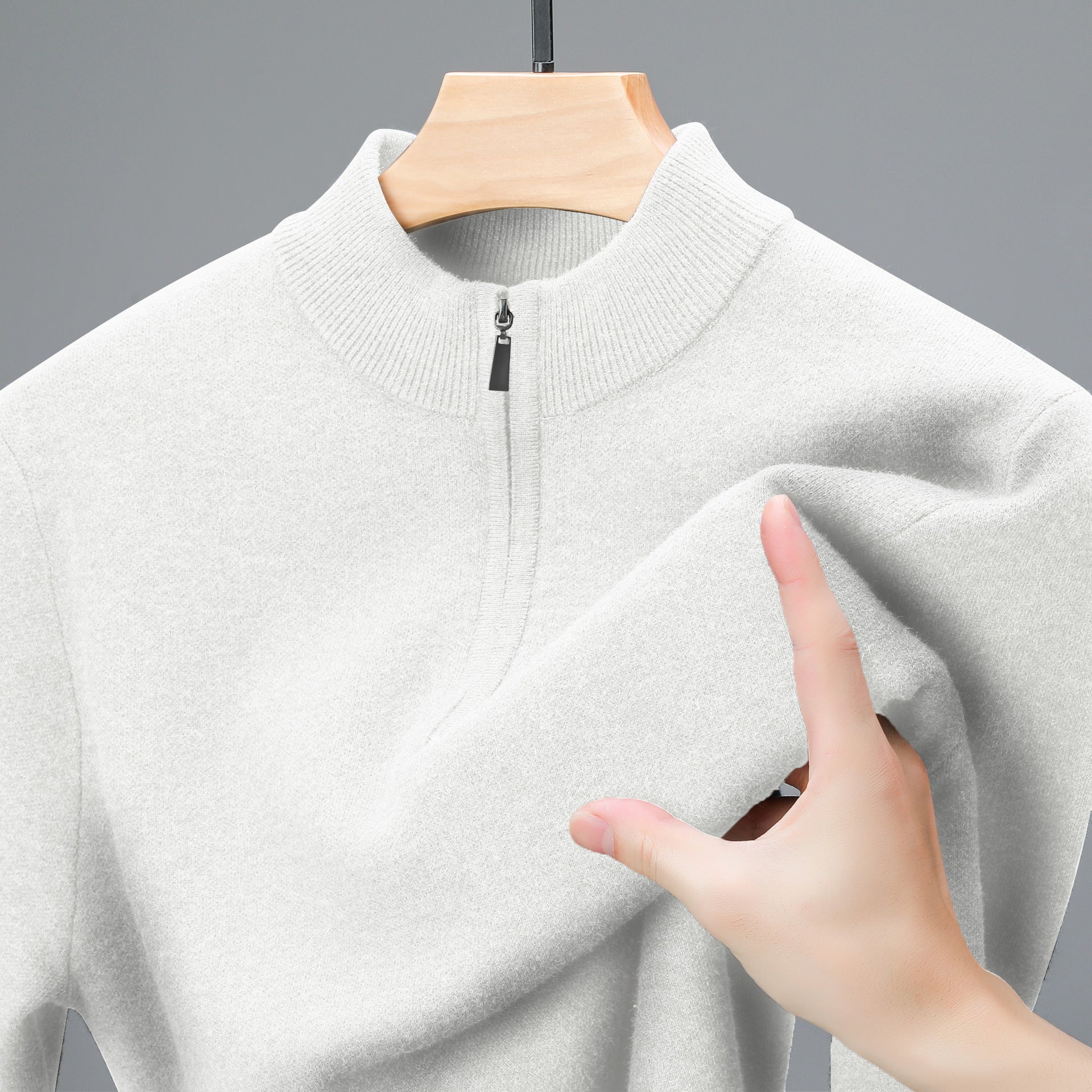 Men's Half-high Collar Zipper Sweater Middle-aged Men's Thickened Keep Warm Pure Color Sweater White GlamzKart