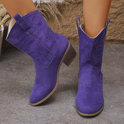 Plus Size Square Heel Round Head V Cut Women's Mid Boots Purple GlamzKart
