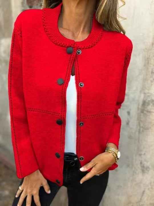 Striped Loose Round Neck Button Long Sleeve Versatile Sweater Coat