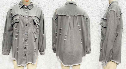Distressed Denim Jacket Women's Long Sleeve Shirt Casual Lapel Coat With Raw Hem Details