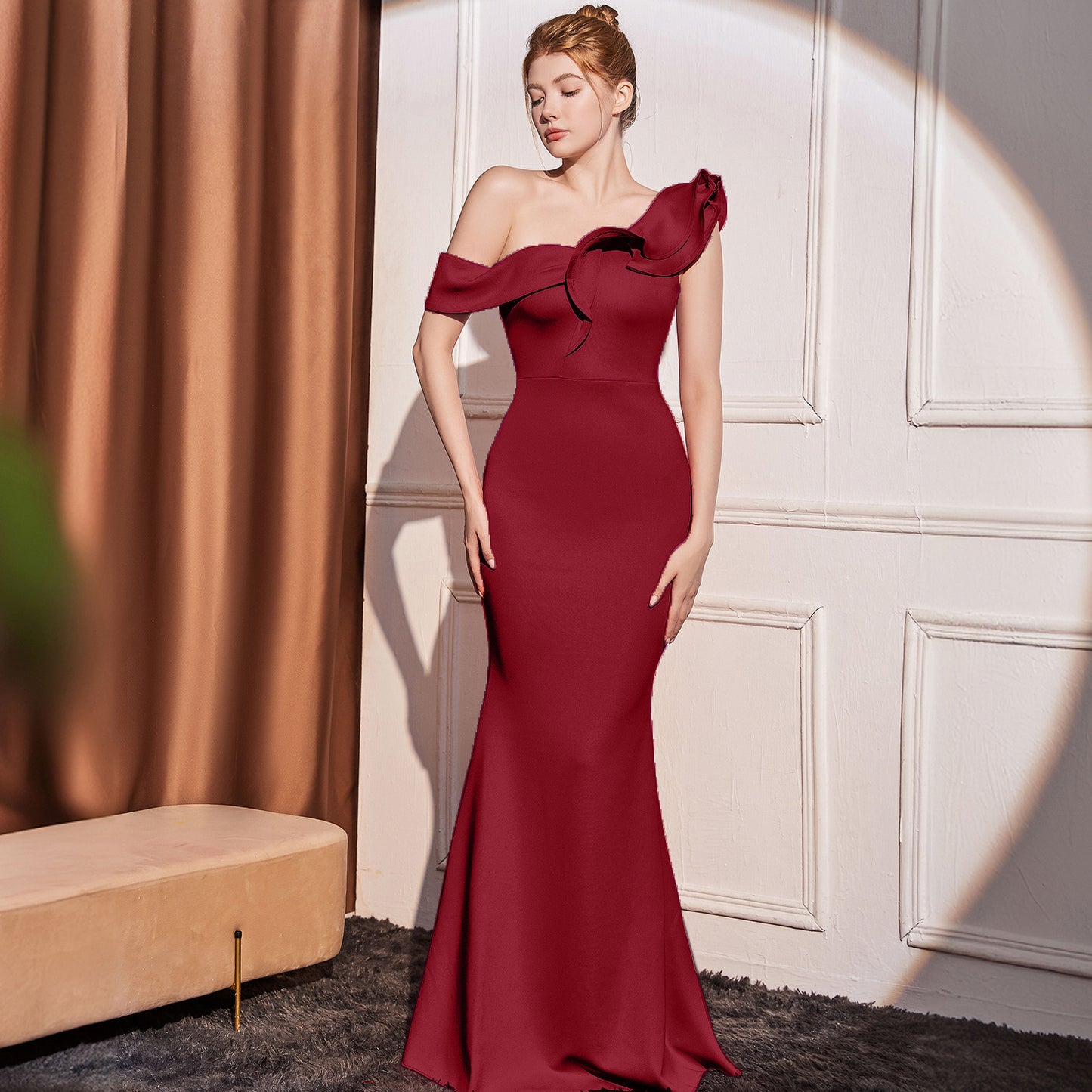 High-end Slant Shoulder Slimming Long Dress Wine Red 18732 GlamzKart