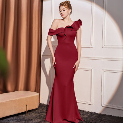 High-end Slant Shoulder Slimming Long Dress Wine Red 18732 GlamzKart