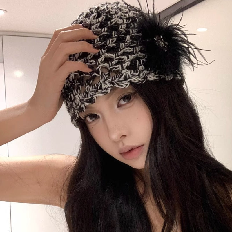 French Retro Black Feather Hand-woven Knitted Hat GlamzKart
