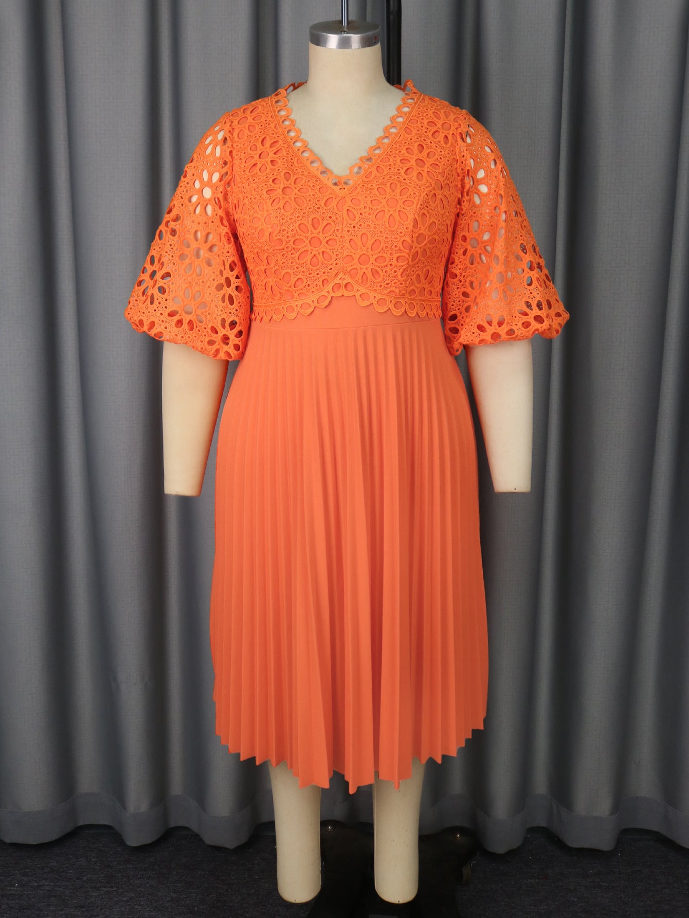 Lace Hollow Pattern Puff Sleeve V-neck Slimming A Swing Elegant Pleated Dress Orange GlamzKart
