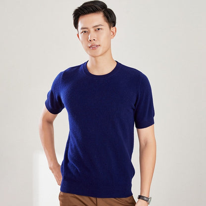 Men's Autumn And Winter Full Wool Short Sleeve Round Neck Sweater Purplish Blue GlamzKart