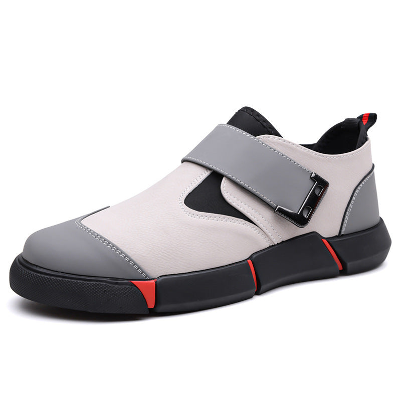 Men's Casual Leather Shoes Comfortable Slip-on Low-top Velcro Non-slip Flat Heel Shock Absorption Khaki GlamzKart