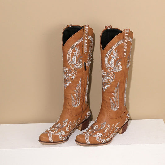 Embroidered Rhinestone Thick High Heel Side Zipper High-top Boots GlamzKart