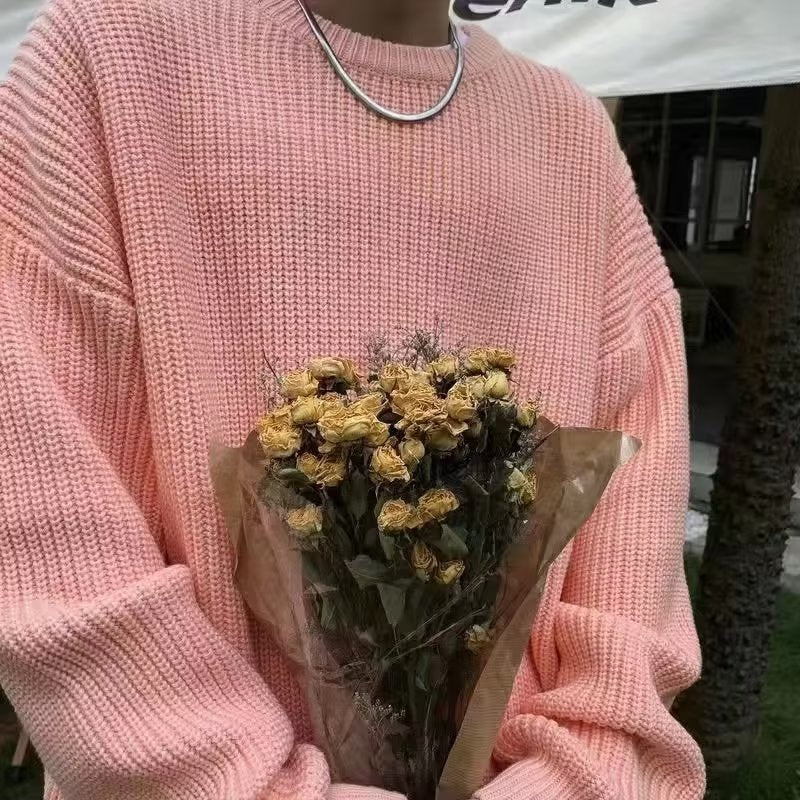 Loose Casual Retro Trendy Underwear Crew Neck Sweater Pink GlamzKart