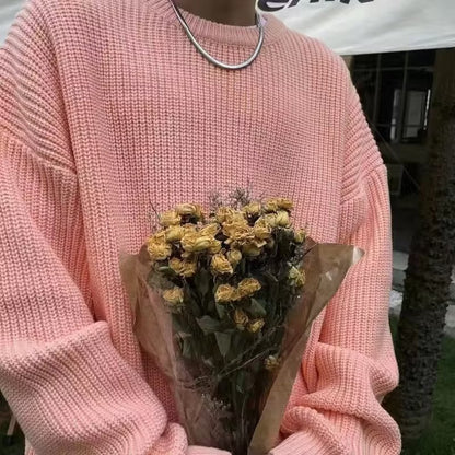 Loose Casual Retro Trendy Underwear Crew Neck Sweater Pink GlamzKart