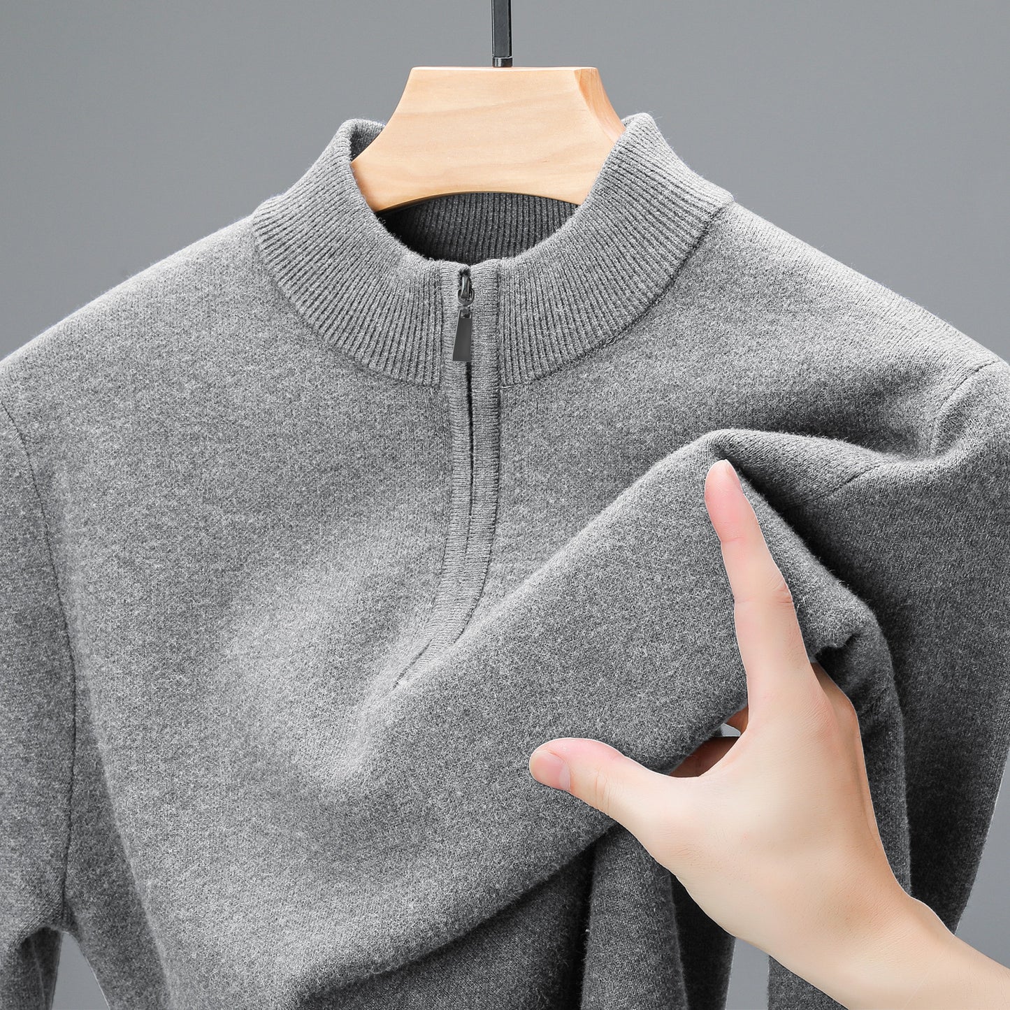 Men's Half-high Collar Zipper Sweater Middle-aged Men's Thickened Keep Warm Pure Color Sweater Gray GlamzKart