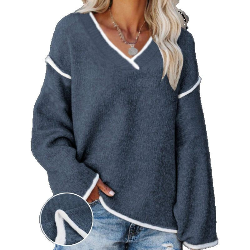 V-neck Color-contrasting Stripe Loose Casual Plus Size Women's Knitted Blouse Navy Blue GlamzKart