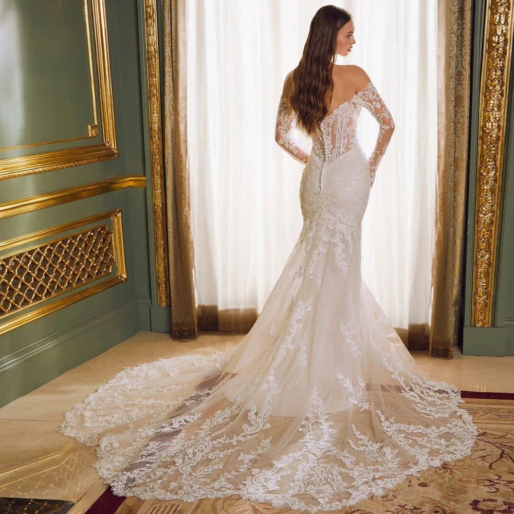 Off-shoulder Lace Long Sleeve Fishtail Gown GlamzKart