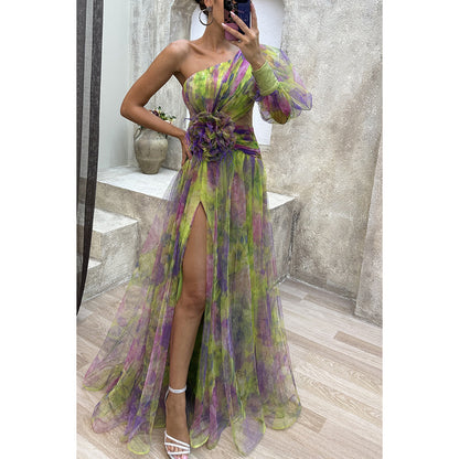 New Party Mesh Slanted Shoulder Dress INS Casual And Fashionable Women's Long Skirt GlamzKart