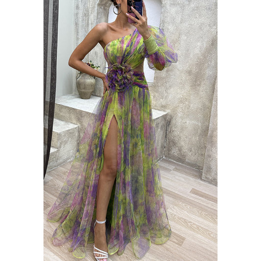 New Party Mesh Slanted Shoulder Dress INS Casual And Fashionable Women's Long Skirt GlamzKart