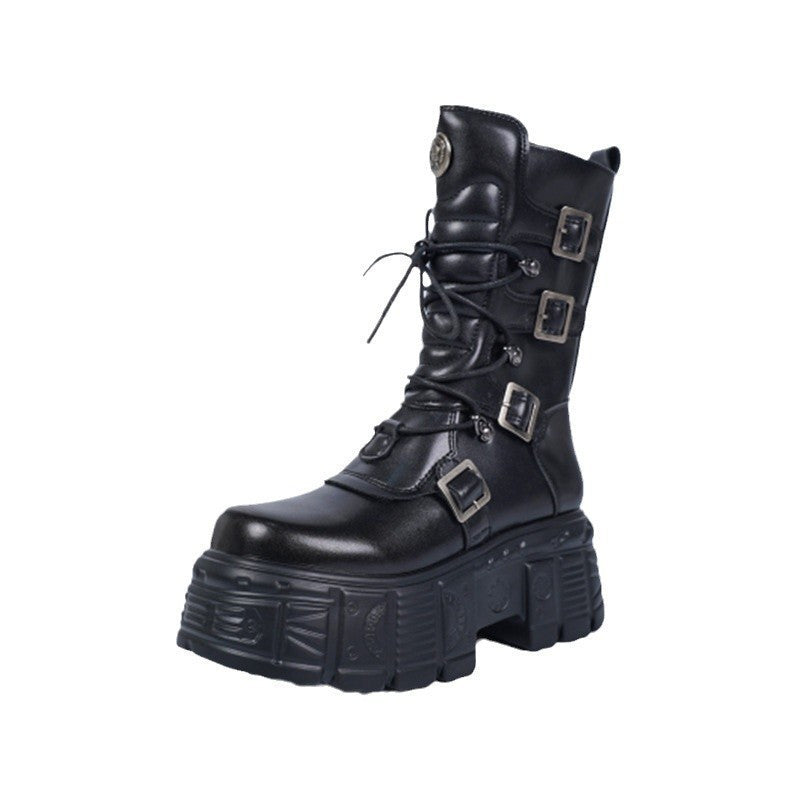 Dark Punk Metal Tank Platform Lace-up Middle Boots Gothic Martin Boots GlamzKart