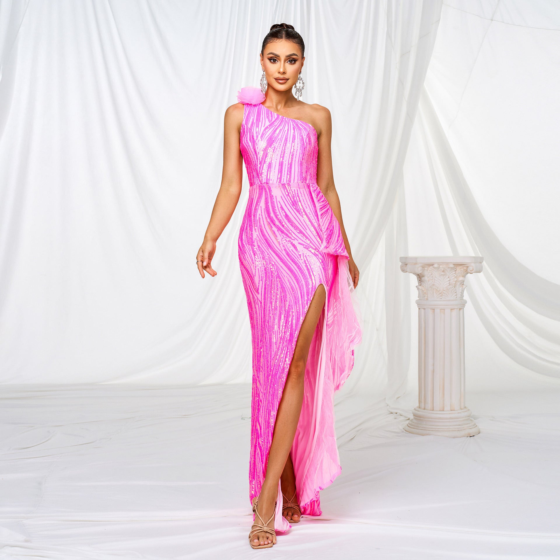 One-shoulder Diagonal Collar Sequined Slit Evening Dress GlamzKart