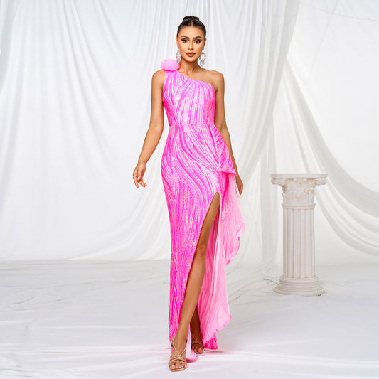 One-shoulder Diagonal Collar Sequined Slit Evening Dress GlamzKart