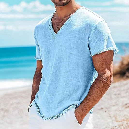 Men's Cotton And Linen Solid Color Short Sleeve GlamzKart