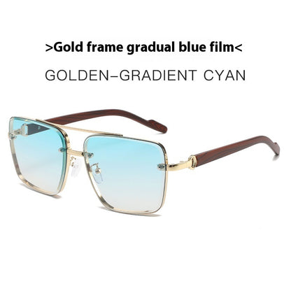 Metal Double Beam Frame Wood Grain Leg Sunglasses Gold Frame Gradient Green GlamzKart