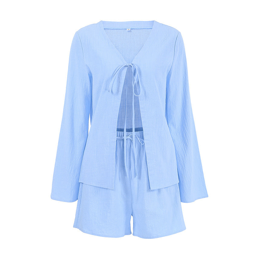 Long Sleeve Shorts Suit Cardigan Lace-up Home Wear Pure Cotton GlamzKart