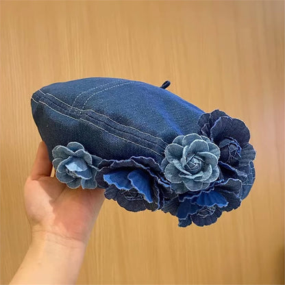 Japanese Minority Contrast Color Three-dimensional Flowers Denim Beret Denim Blue M GlamzKart