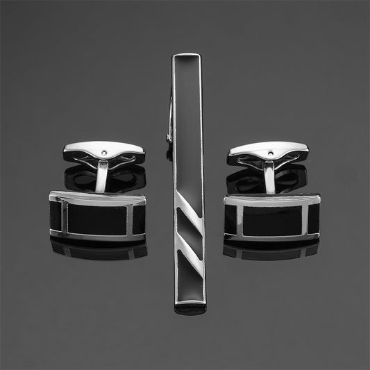 Black Enamel Silver Diagonal Stripes Tie Clip Cuff Buckle Set GlamzKart
