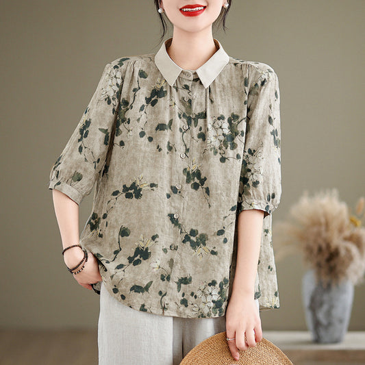 Women's Short-sleeved Shirt Cotton And Linen Style Top GlamzKart