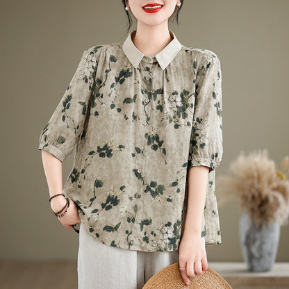 Women's Short-sleeved Shirt Cotton And Linen Style Top Picture Color GlamzKart