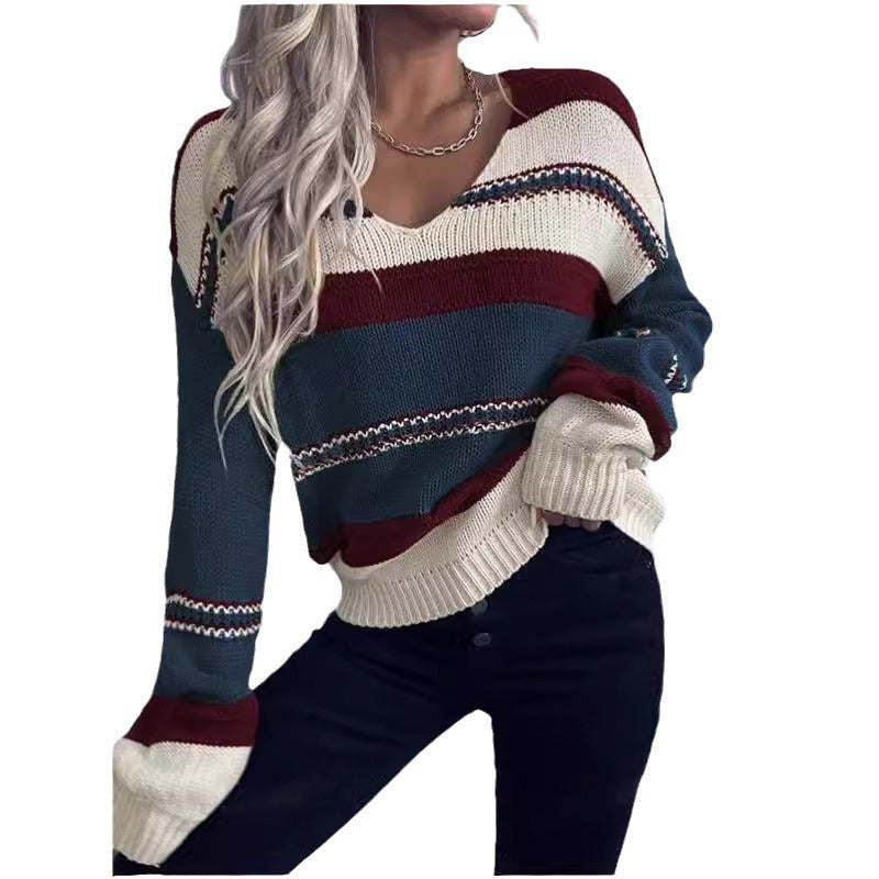 Women's V-neck Casual Loose Contrast Color Striped Pullover GlamzKart