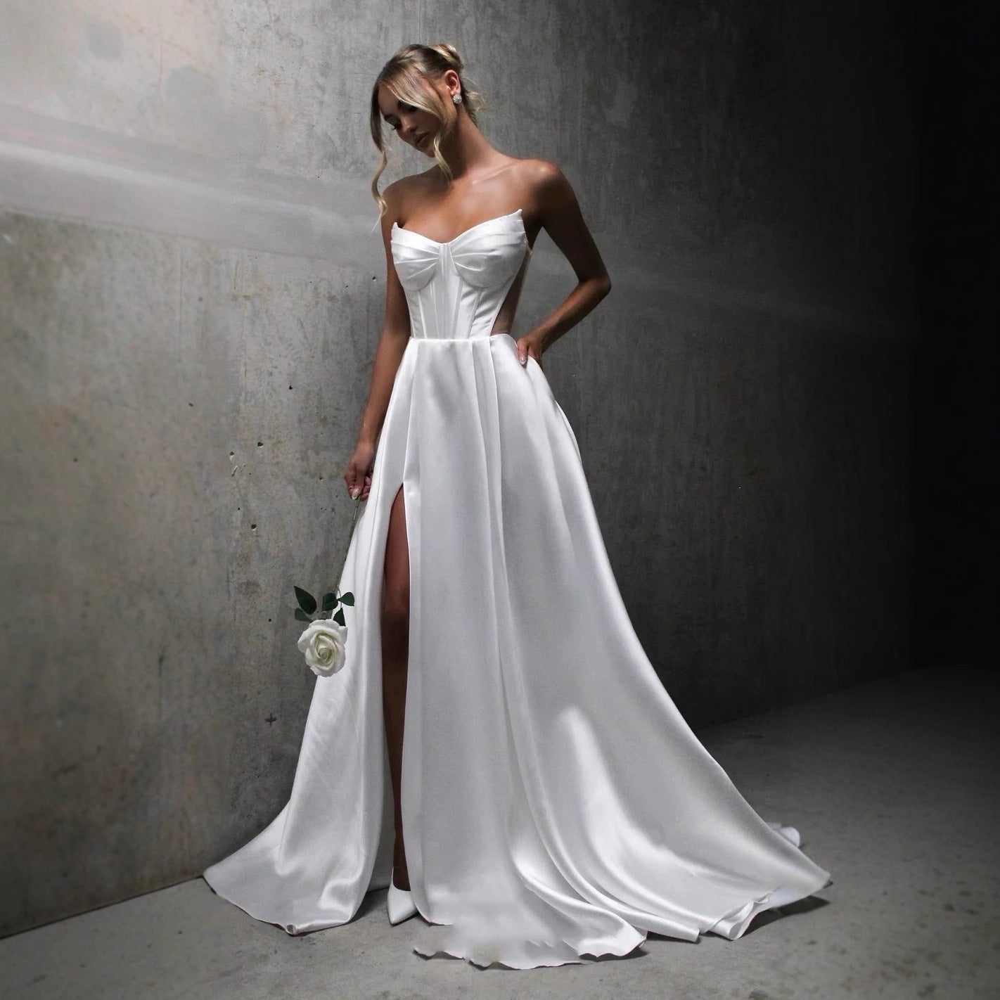 White Satin Slit Pocket Bandage Wedding Dress GlamzKart