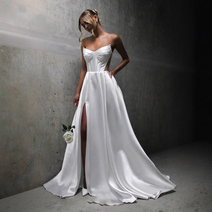 White Satin Slit Pocket Bandage Wedding Dress GlamzKart