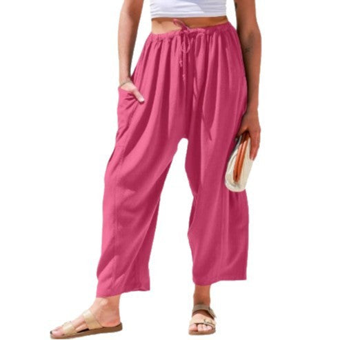 Elastic Pleated High Waist Cotton Linen Wide Leg Pants GlamzKart