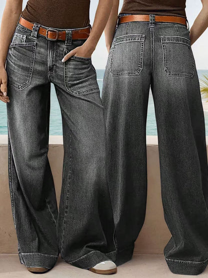 Loose Slimming Ladies Wide-leg Straight Pants Denim Ankle-length Pants Black GlamzKart