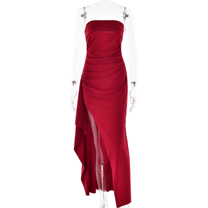 Evening Gown Women's One Neck Strapless Dress Fashionable And Sexy Backless High Slit Long Dress Wine red GlamzKart