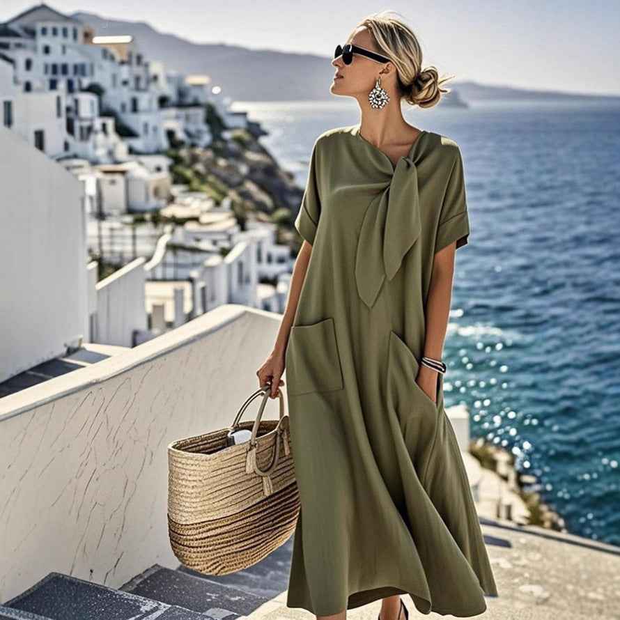 Elegant Short Sleeve Bow Pocket Wide Hem Loose Long Dress