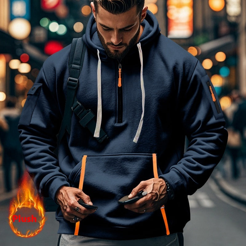 Men's Casual Multi-zipper Arm Pocket Sweatshirt Navy Blue GlamzKart