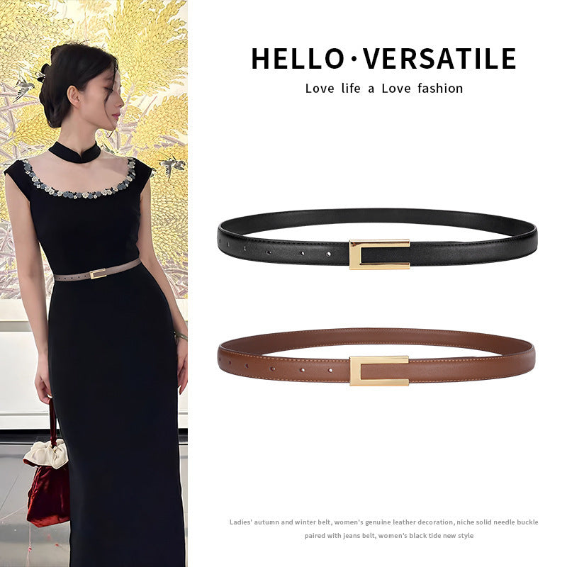 Cowhide Retro Black All-match Decorative Skirt Suit Jeans Leather Thin Belt GlamzKart