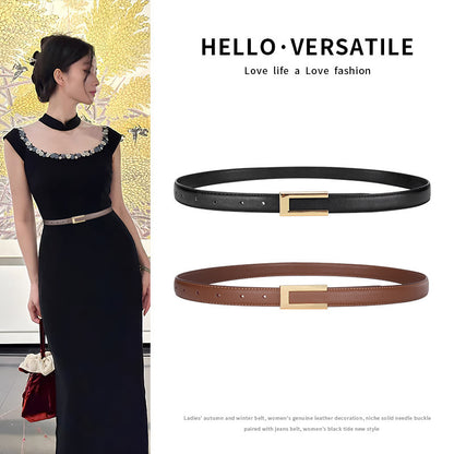 Cowhide Retro Black All-match Decorative Skirt Suit Jeans Leather Thin Belt GlamzKart