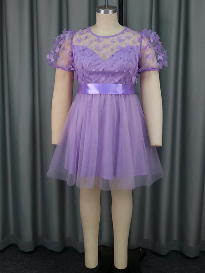 Three-dimensional Butterfly Gauzy Gown Short Sleeve Cute Lady Dress Light Purple GlamzKart