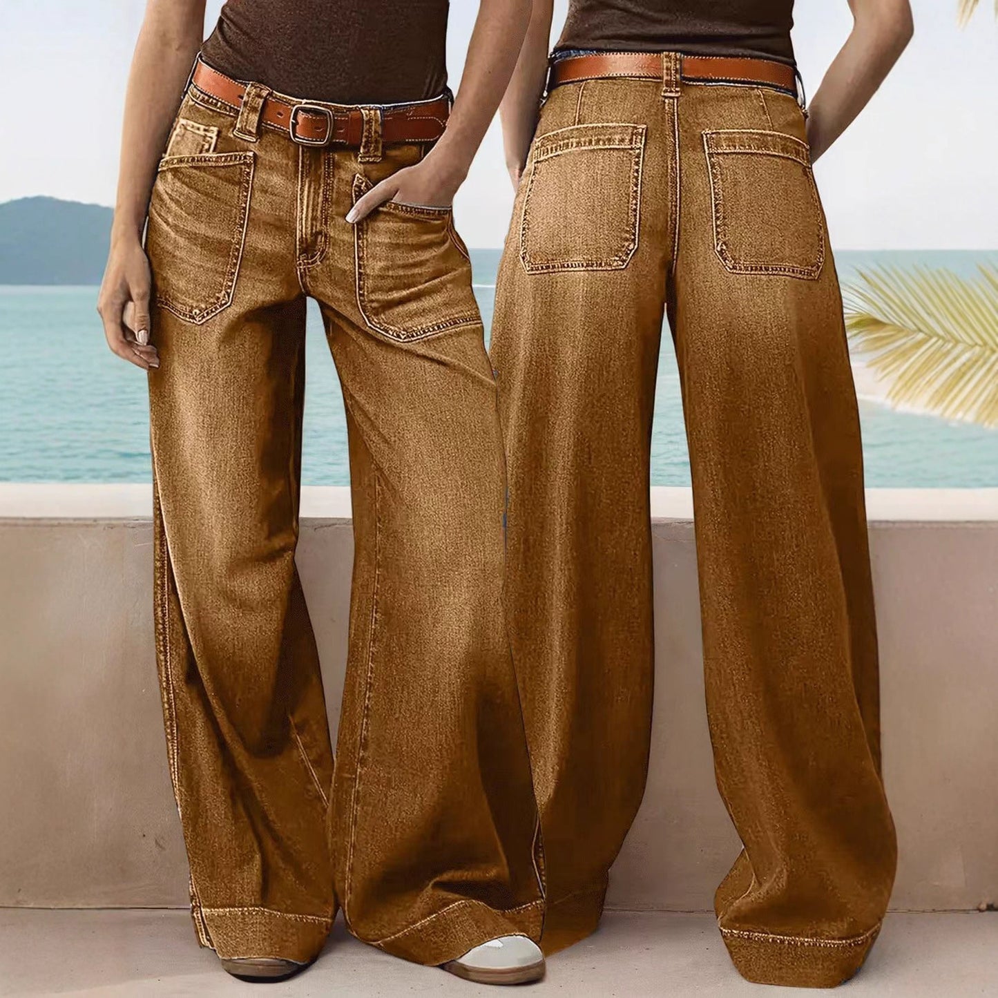 Loose Slimming Ladies Wide-leg Straight Pants Denim Ankle-length Pants GlamzKart