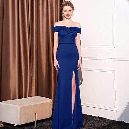 Women's Off-shoulder Slim-fit Elegant Ladies Banquet Dinner Long Fish Tail Skirt Purplish Blue GlamzKart