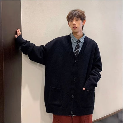 Cardigan Japanese Lazy Style Loose-fitting Versatile Sweater Coat Black GlamzKart