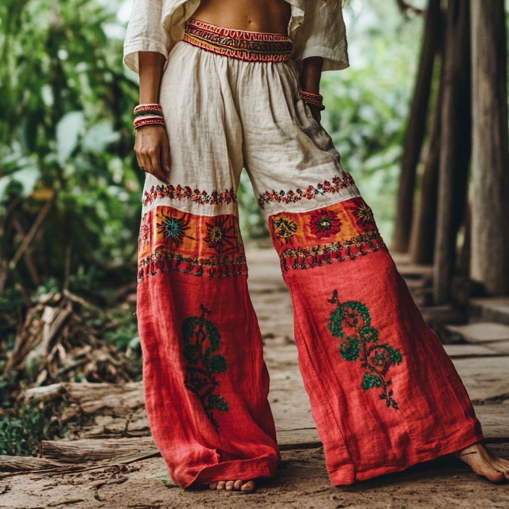 Vintage Printed Women's Fashionable Long Trousers Red GlamzKart