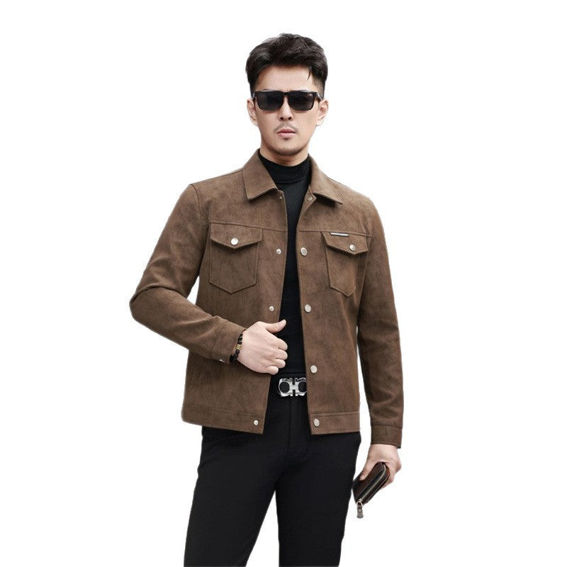 Suede Leather Jacket Men's Slim-fit High-grade Pu Handsome Retro Biker's GlamzKart