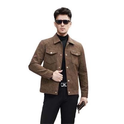 Suede Leather Jacket Men's Slim-fit High-grade Pu Handsome Retro Biker's GlamzKart