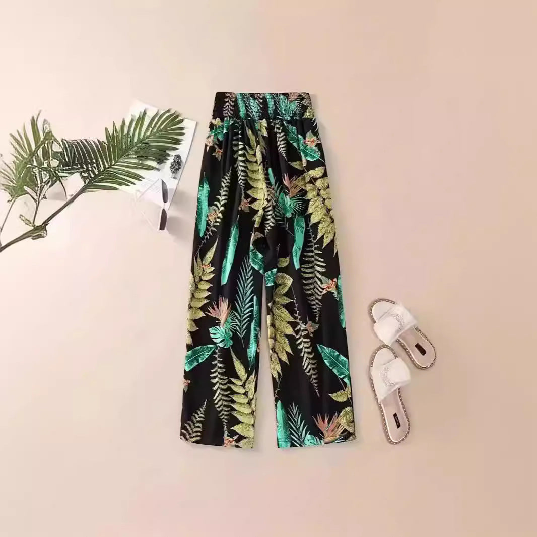 Casual Flower Pants Spring And Summer Thin High Waist Slimming Ice Silk Elastic Floral Straight GlamzKart