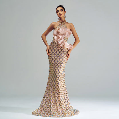 Halter Sequined Mermaid Evening Dress GlamzKart