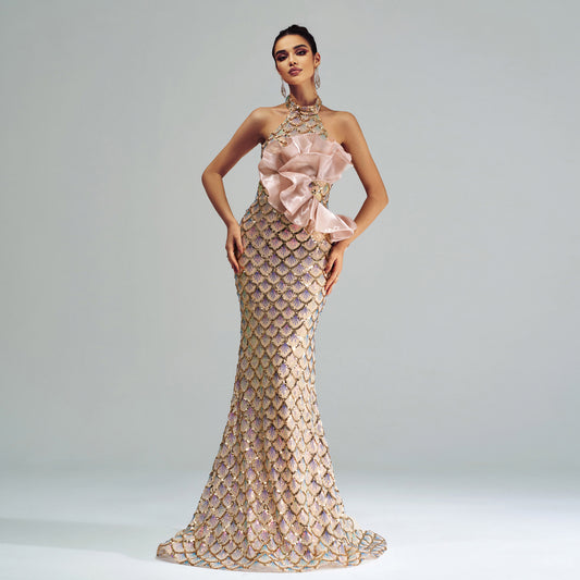 Halter Sequined Mermaid Evening Dress GlamzKart