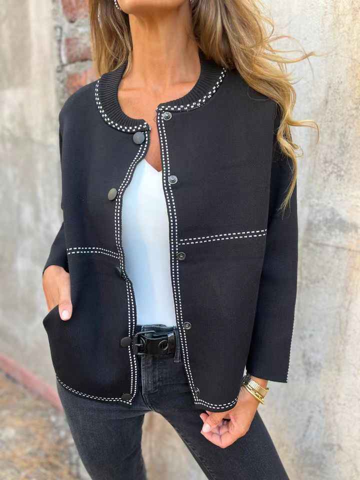 Striped Loose Round Neck Button Long Sleeve Versatile Sweater Coat